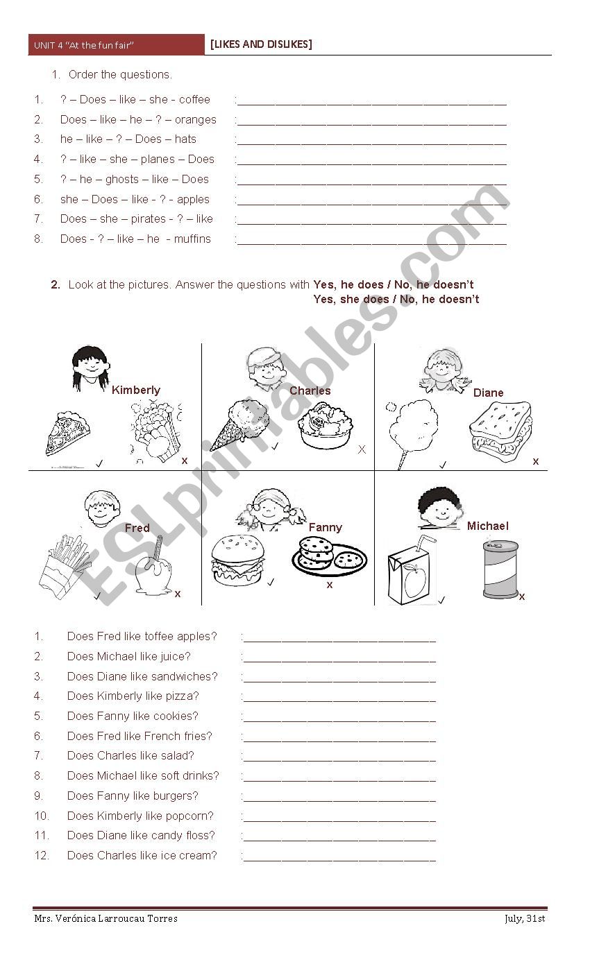 Likes and dislikes questions worksheet