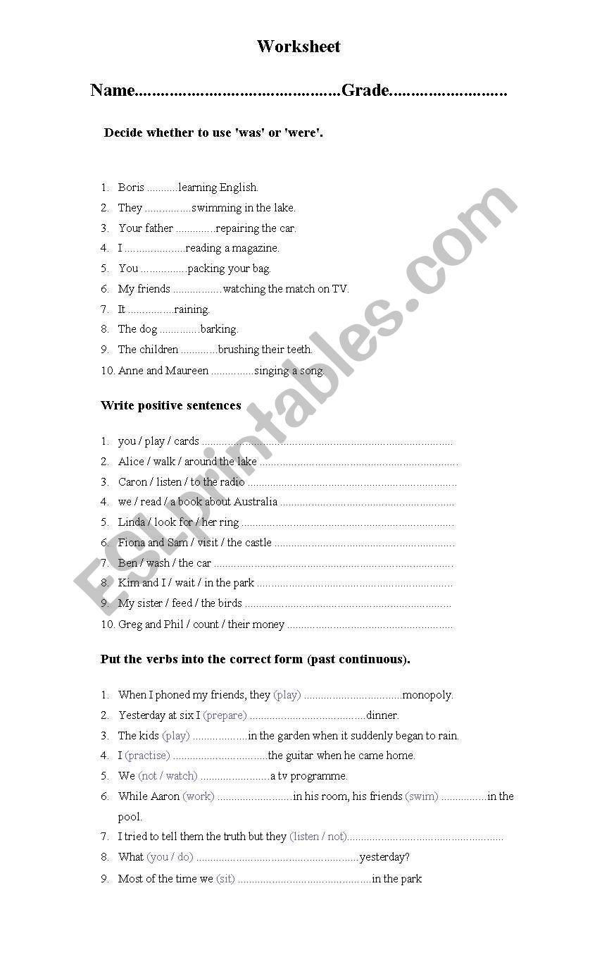 Past Continuous exercises worksheet