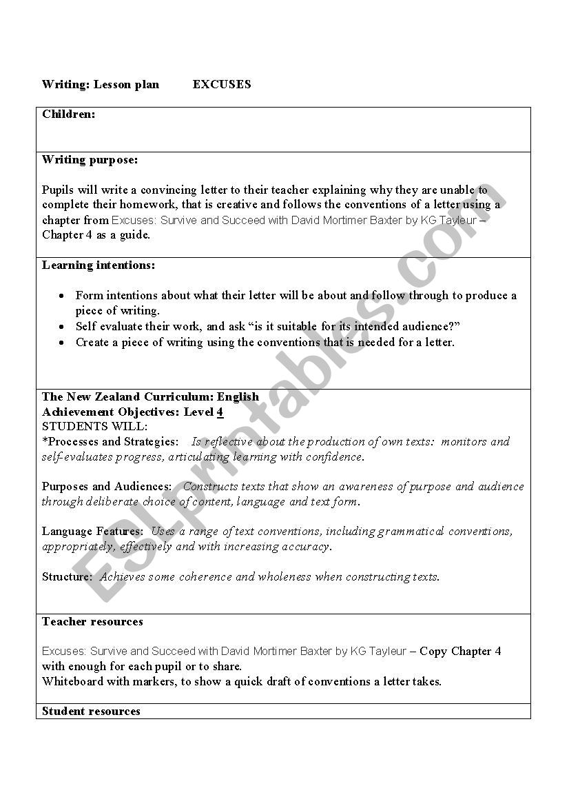 Excuses - Letter writing to persuade with humour