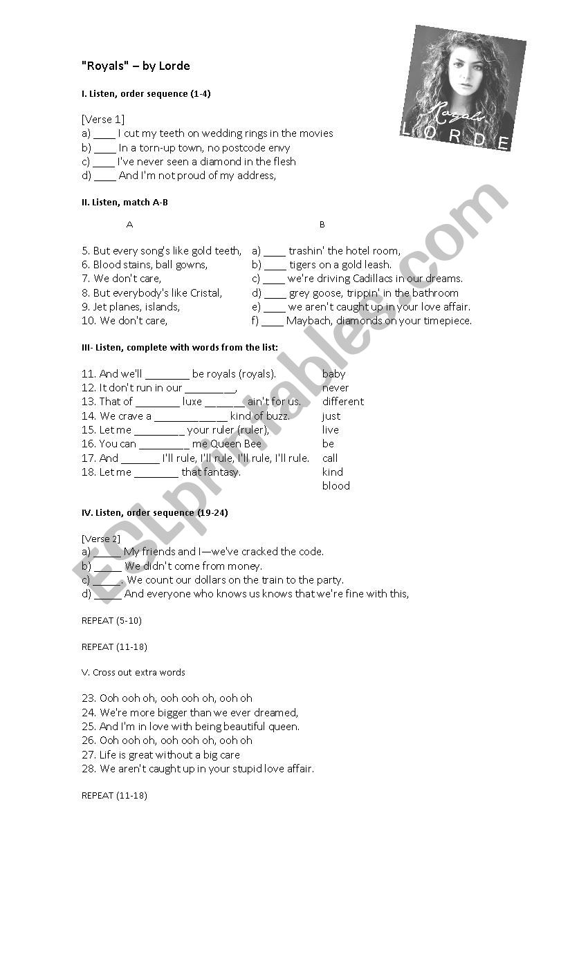 Royals - by Lorde worksheet