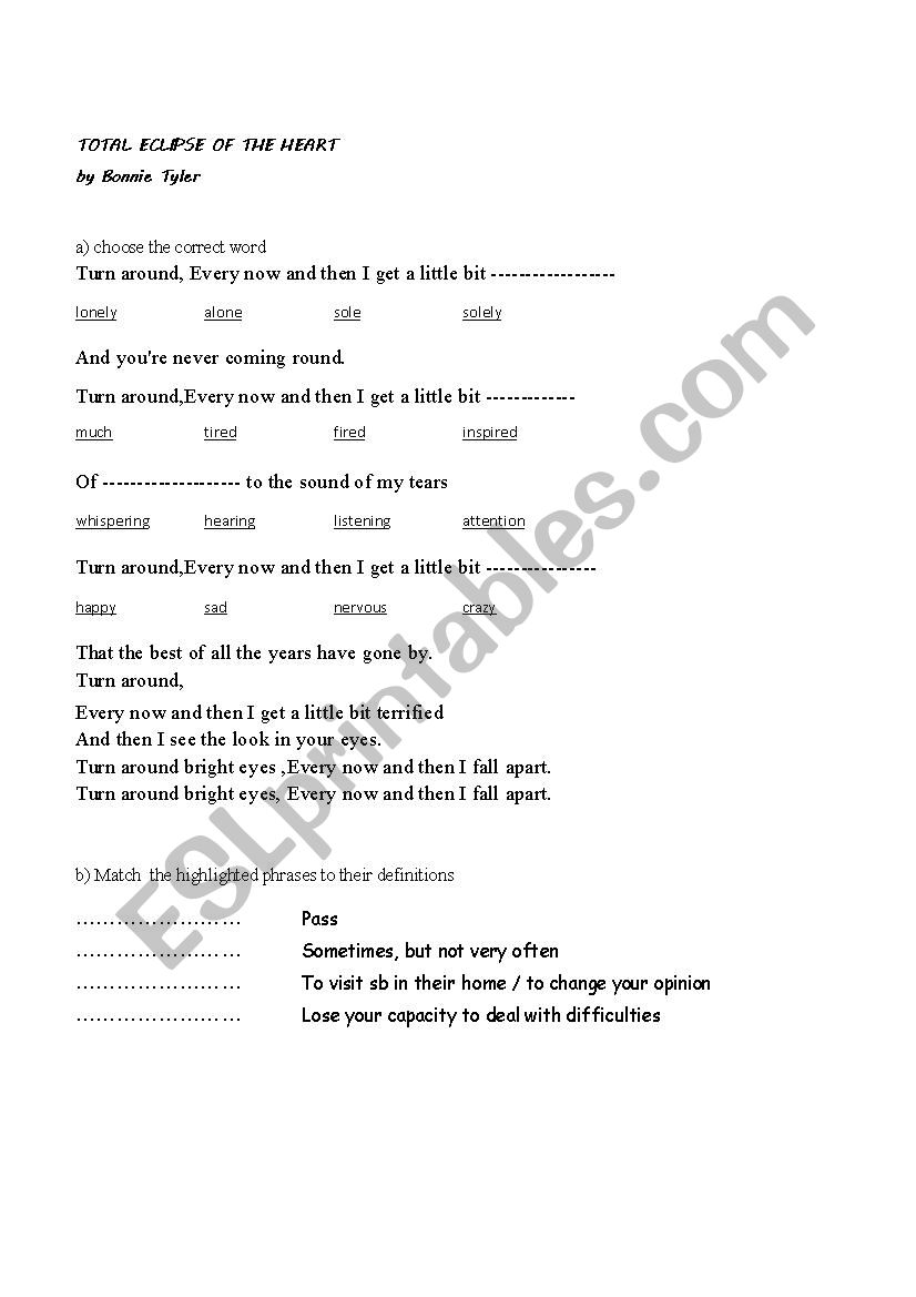 total eclipse of the heart song worksheet