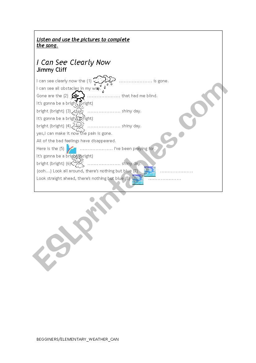 I can see clearly now worksheet