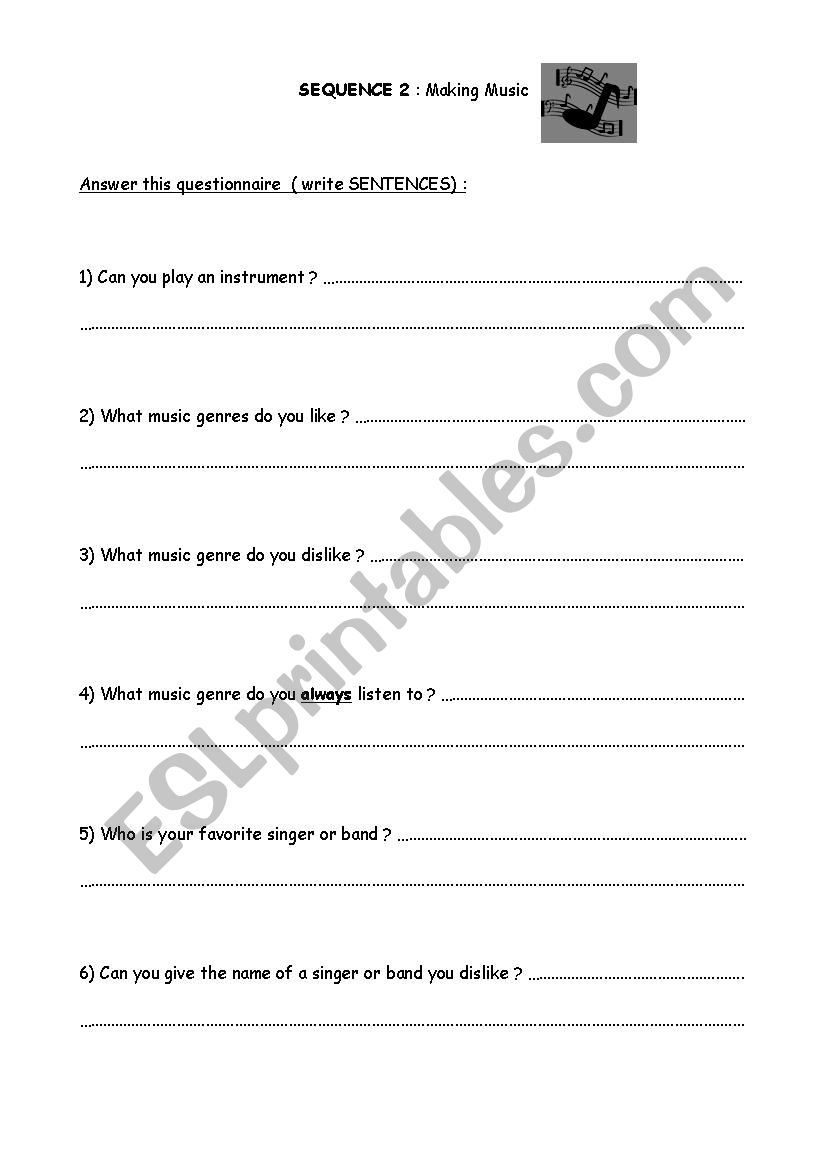 Music : a questionnaire worksheet
