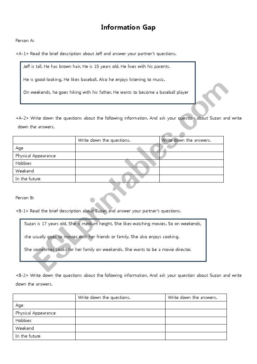 Information Gap worksheet