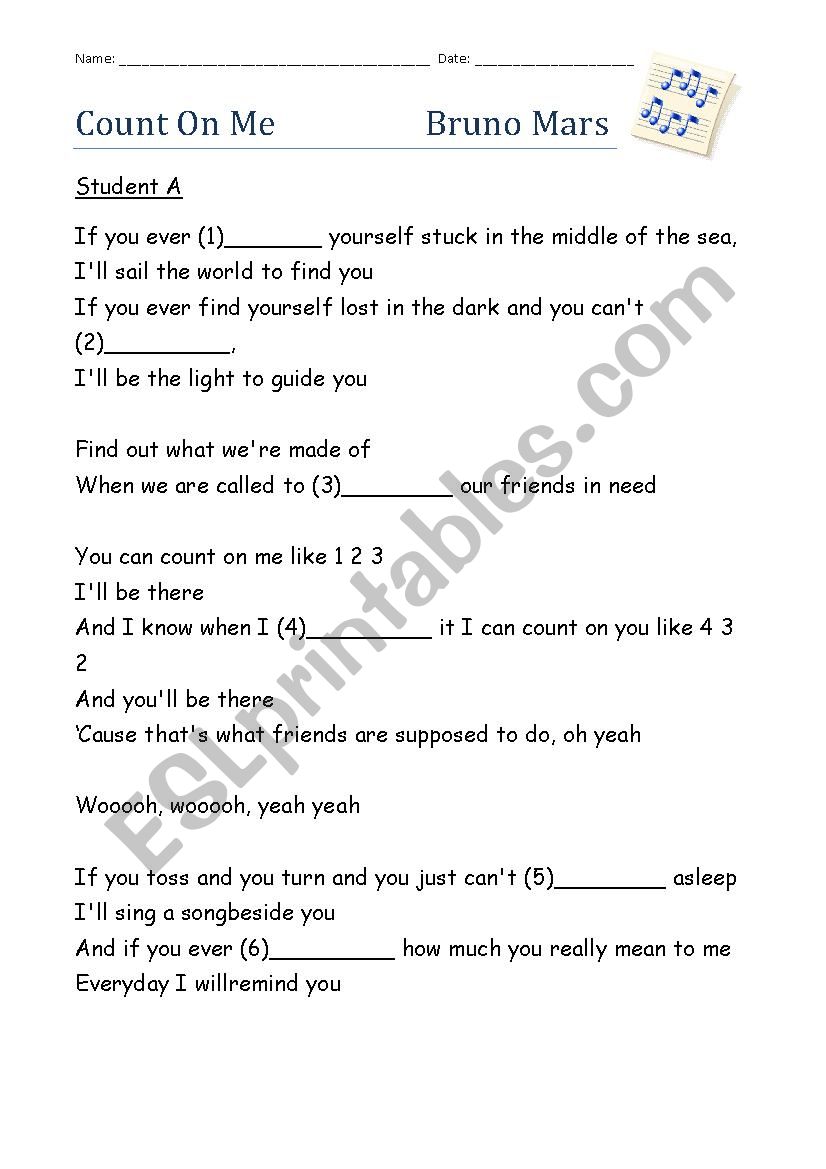 You Can Count On Me by Bruno Mars fill-in-the-gaps activity