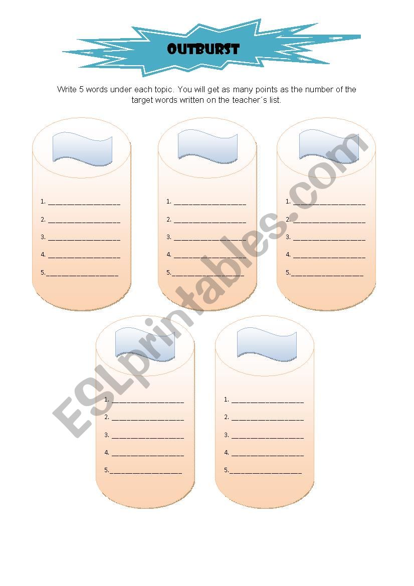 Outburst game worksheet