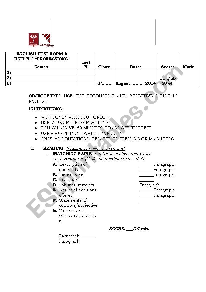 ENGLISH TEST worksheet