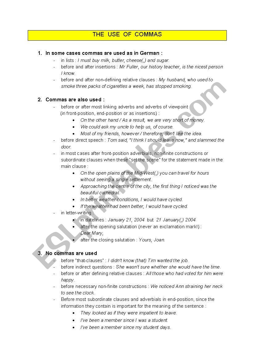 Comma rules worksheet