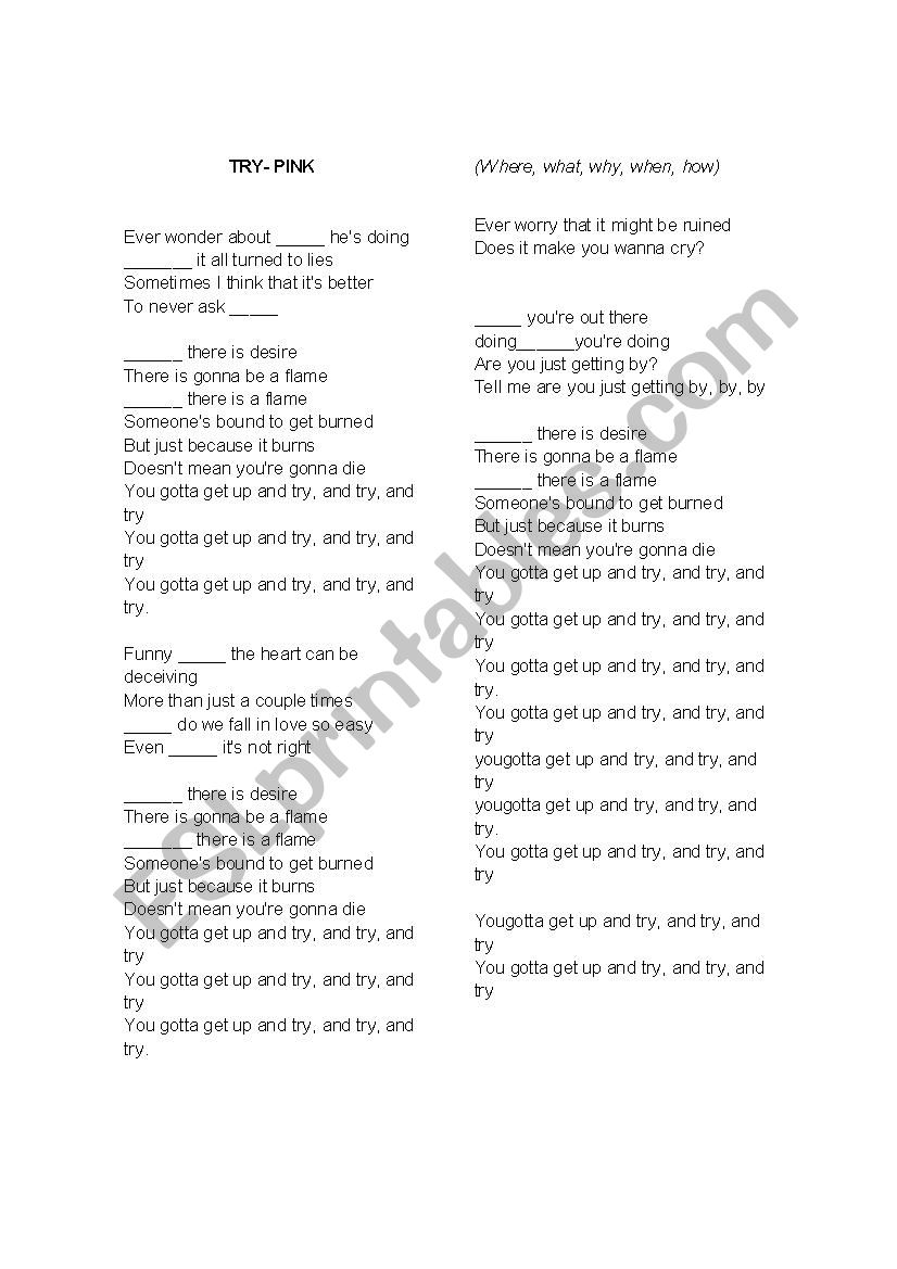 wh- questions song worksheet