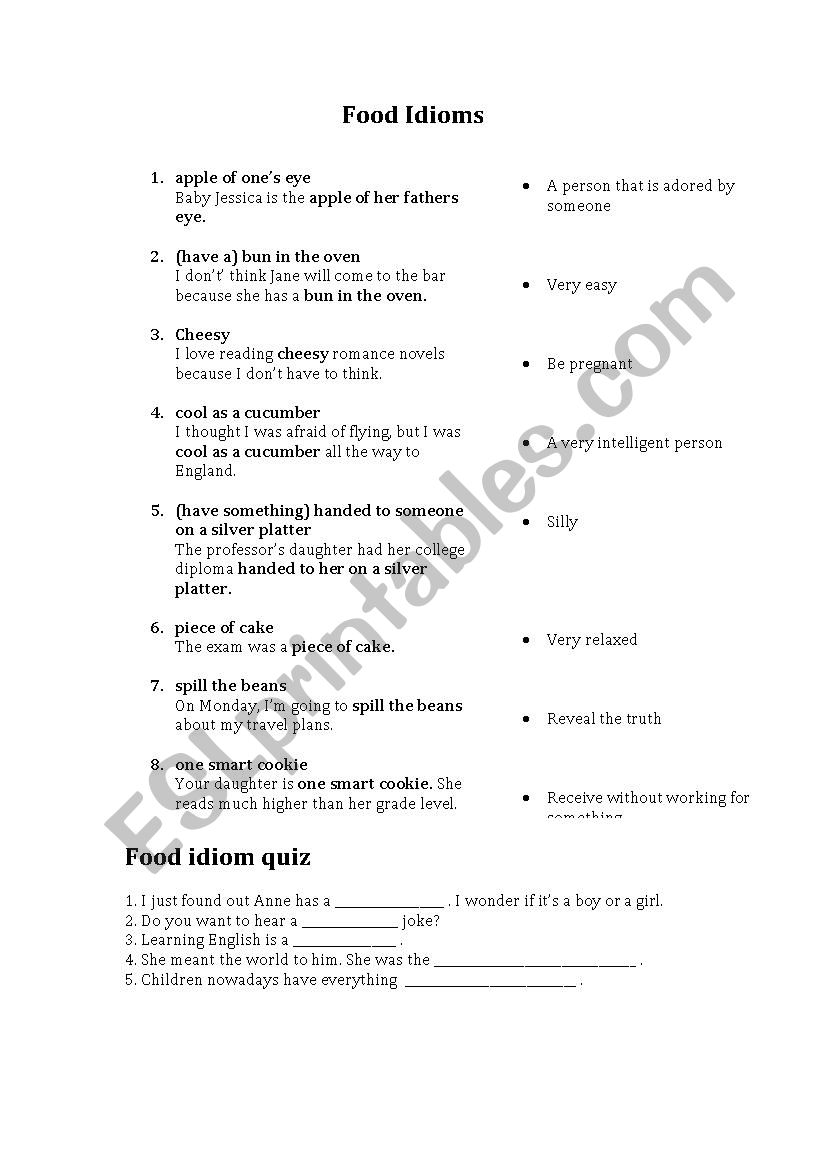 Food idioms worksheet