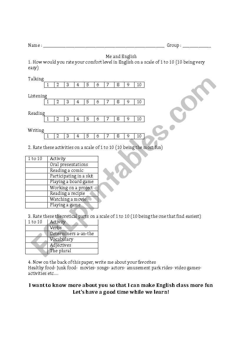 ESL First Day Information worksheet