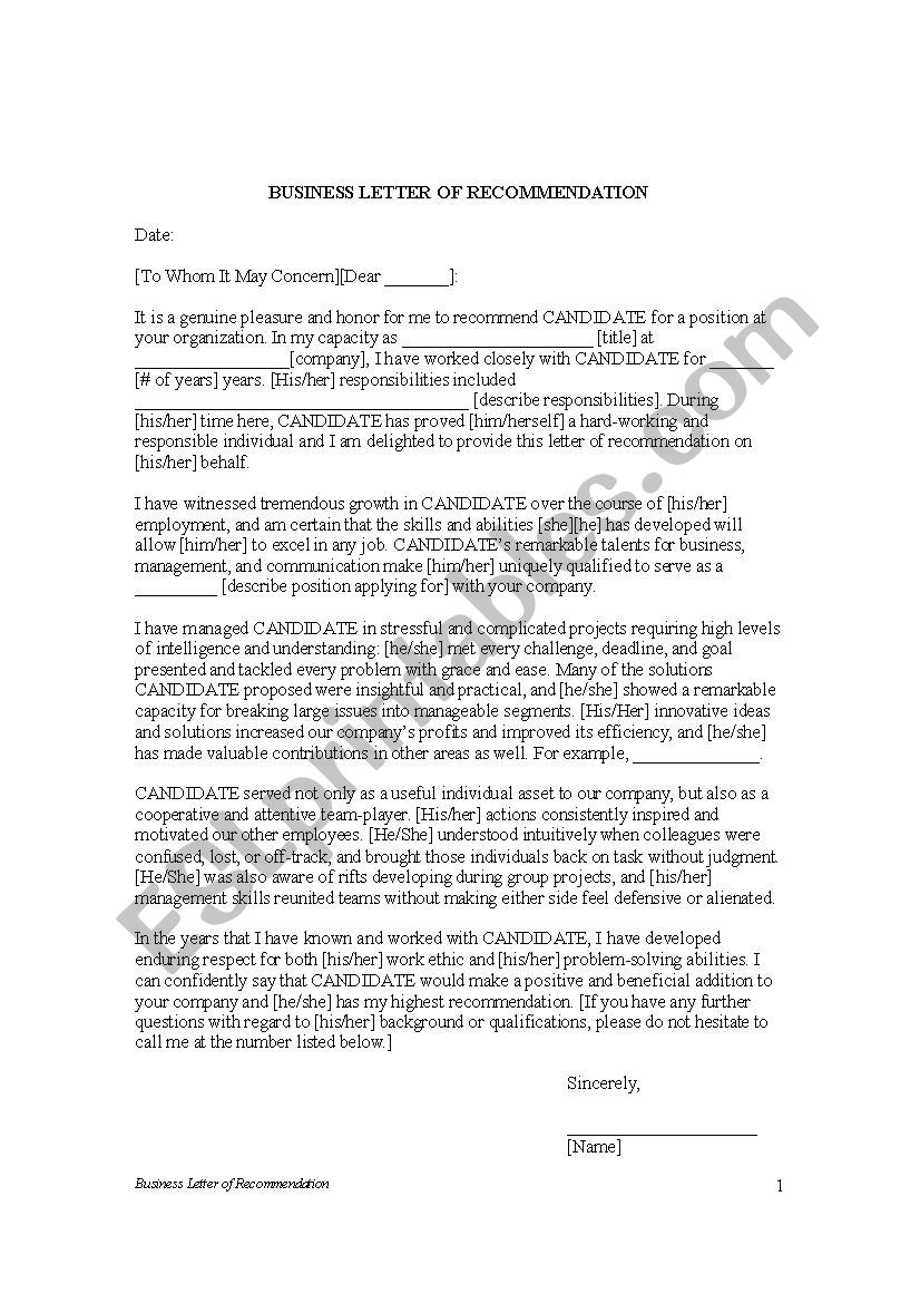  LETTER OF RECOMMENDATION worksheet