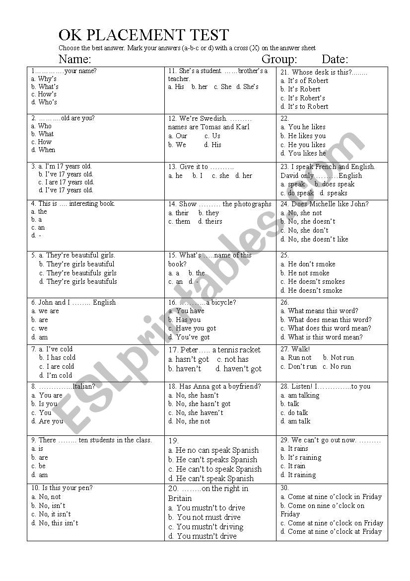 OK PLACEMENT TEST worksheet