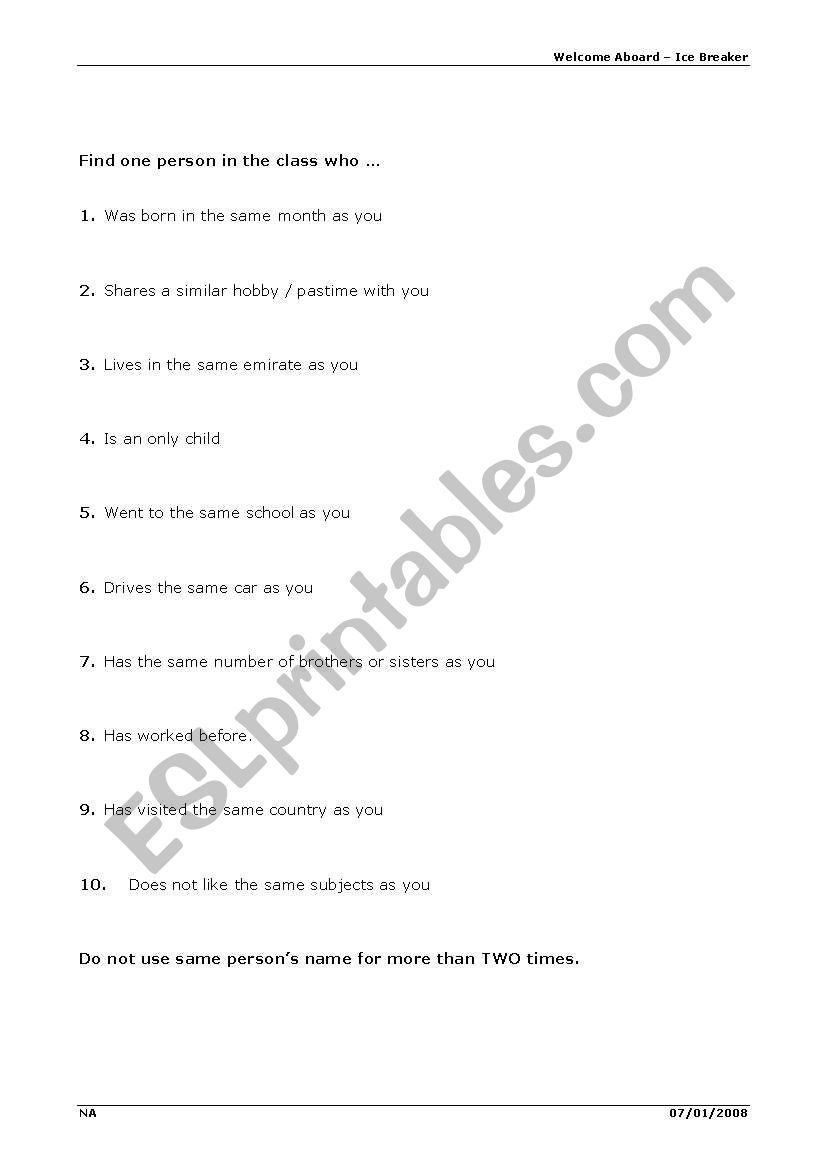 Ice Breaker worksheet