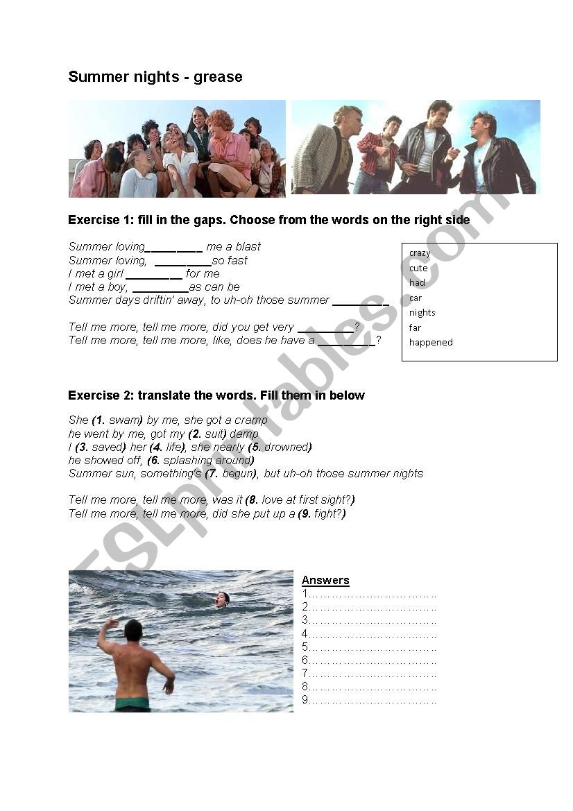 Summer nights worksheet