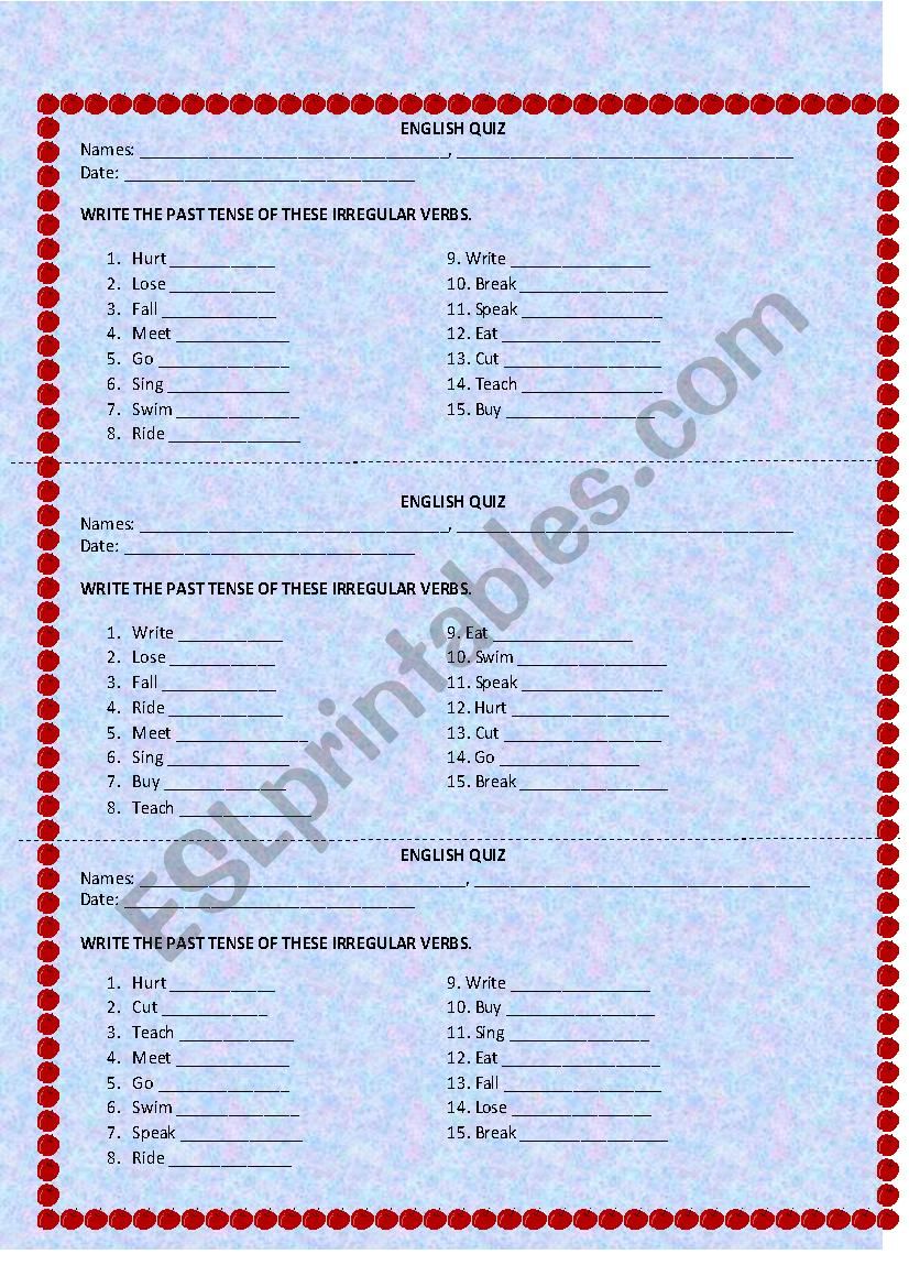 Simple Past Irregular Verbs Quiz