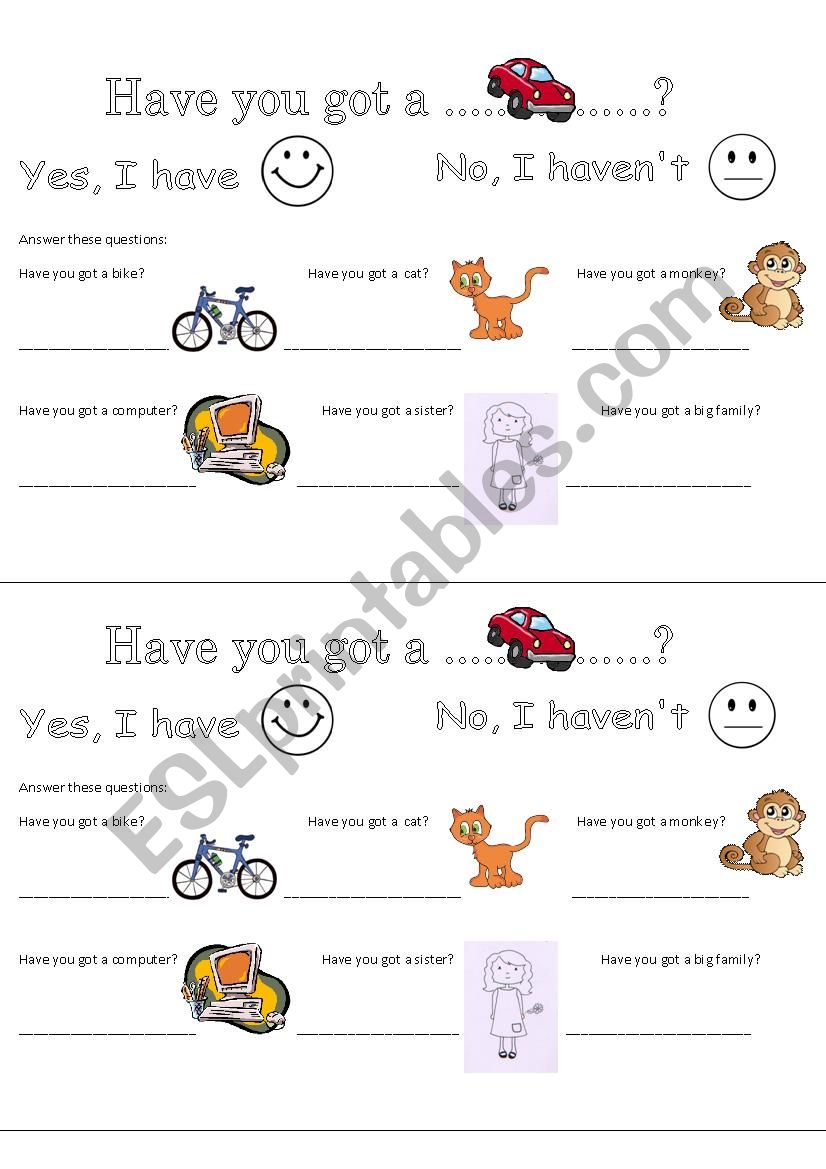 Have you got....? Yes, I have / No, I haven´t ESL worksheet by Jiyani