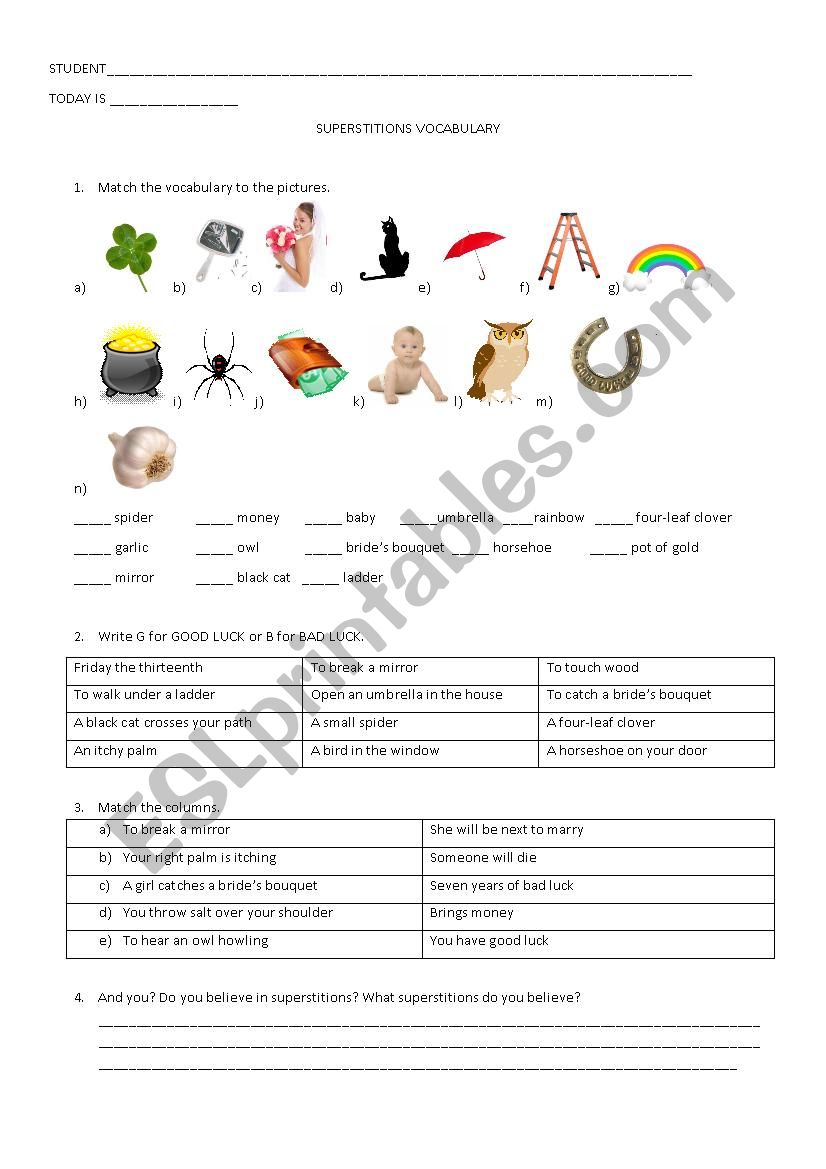 Superstitions worksheet