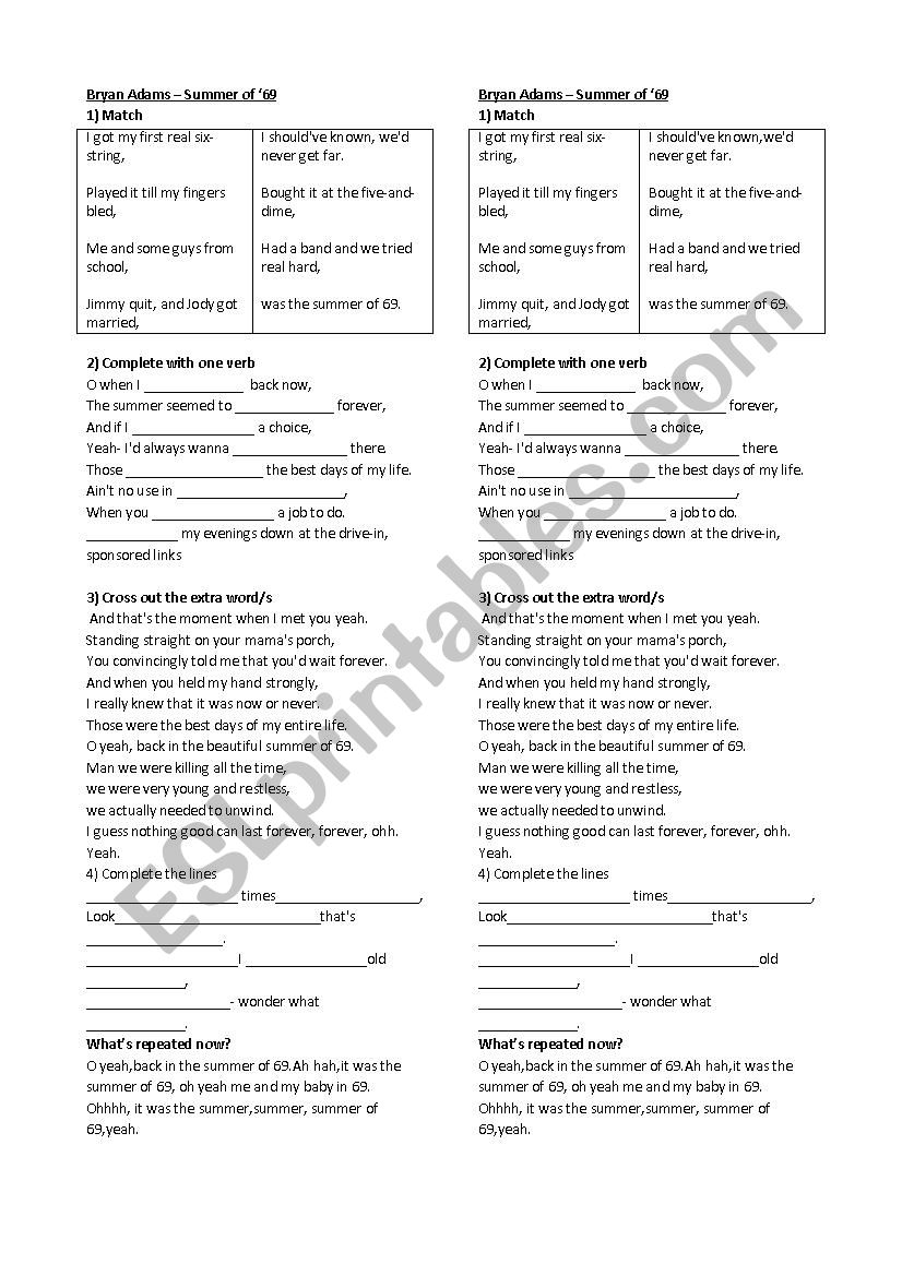 Summer of 69 by Brian Adams worksheet