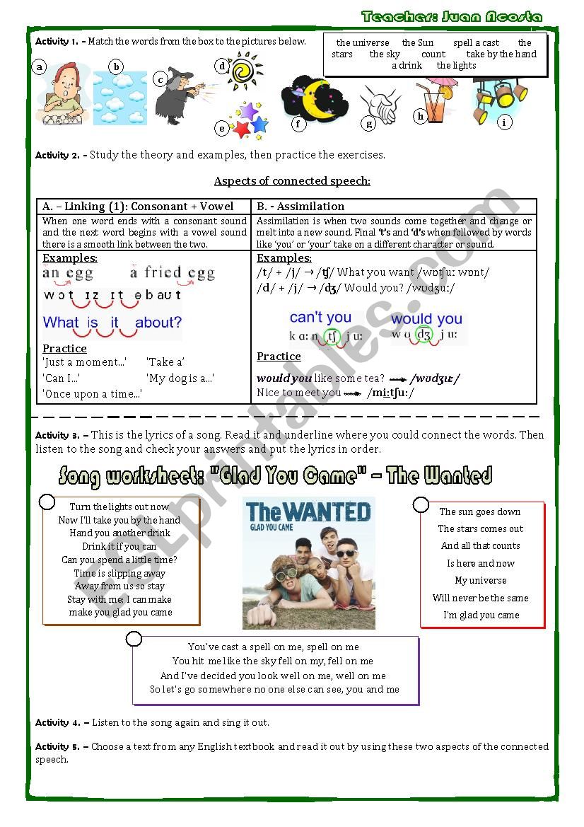 song worksheet GLAD YOU CAME - the wanted