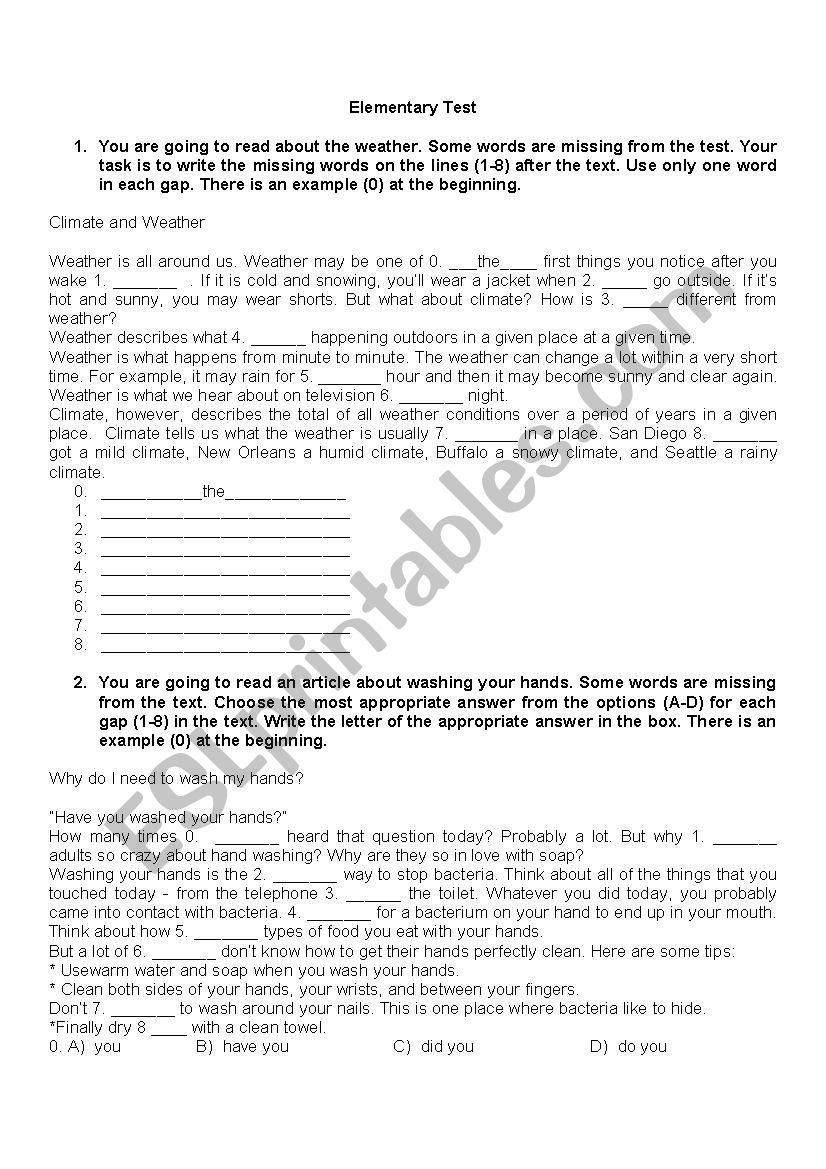 Elementary Test B1 level worksheet