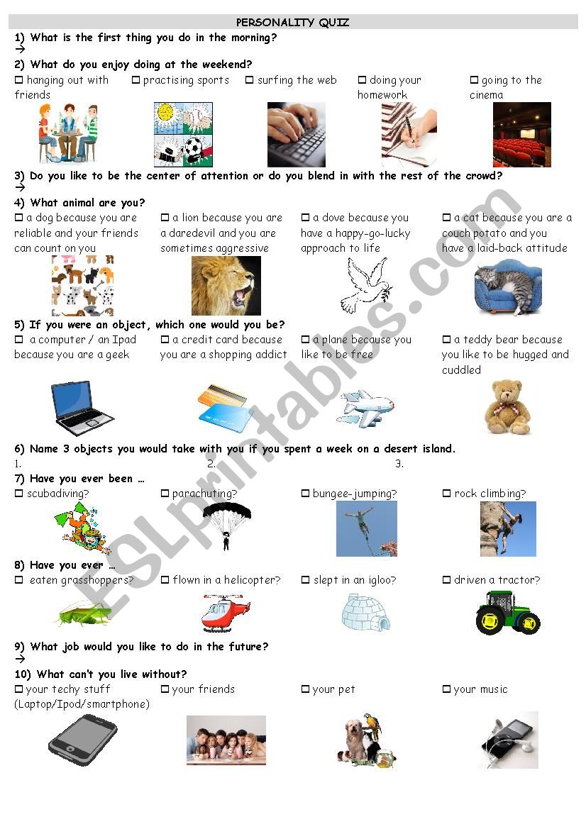 Personality Quiz ESL worksheet by lalie.59