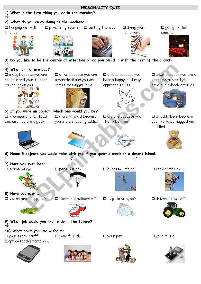 Personality Quiz worksheet