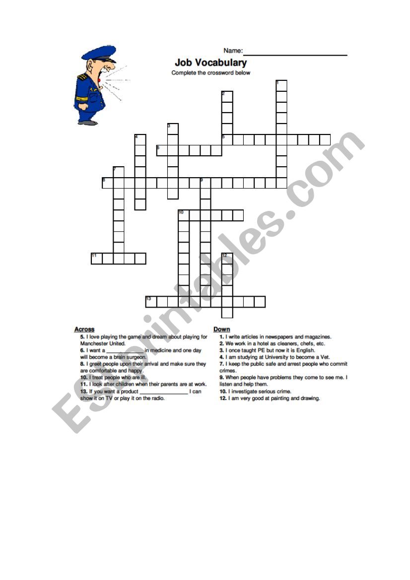 Job Vocabulary Crossword worksheet