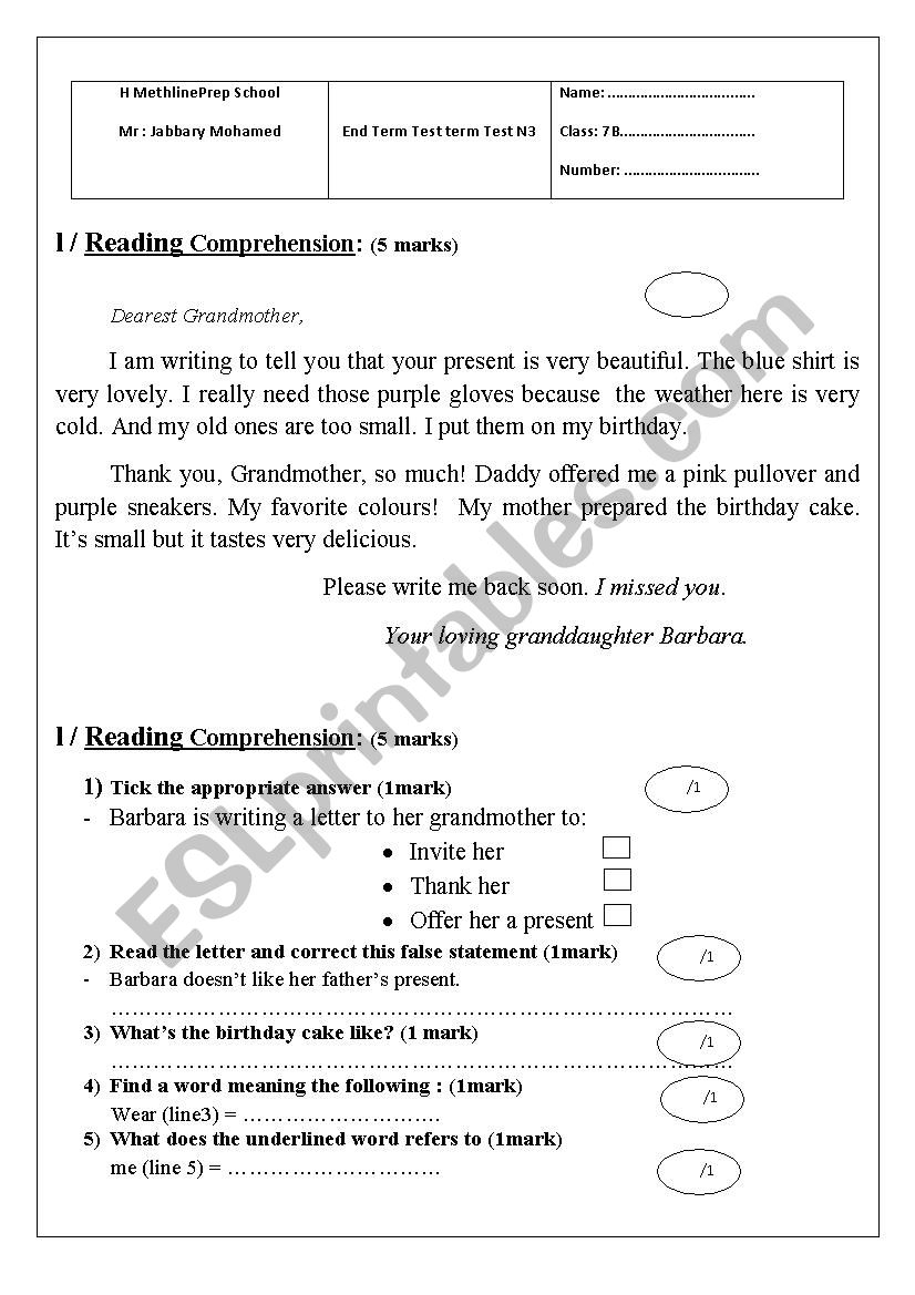 comprehensive test no3 7thf worksheet