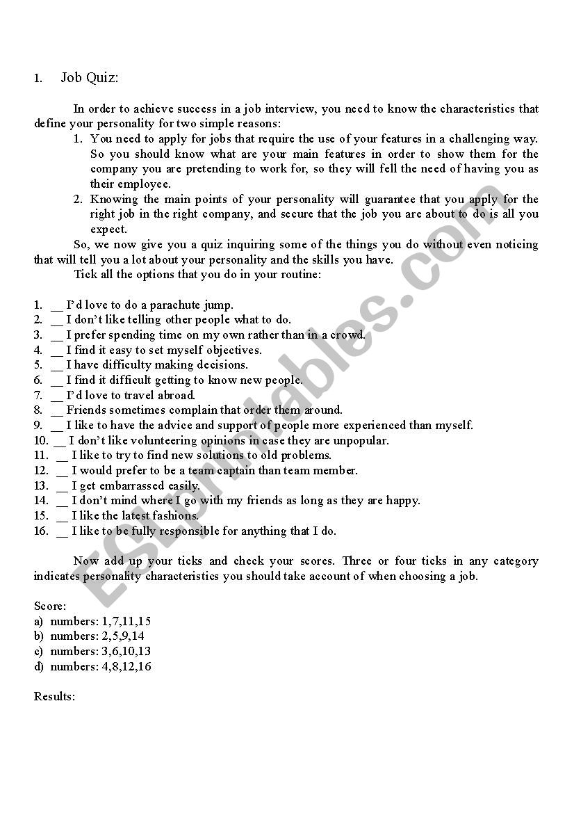 Job Quiz worksheet