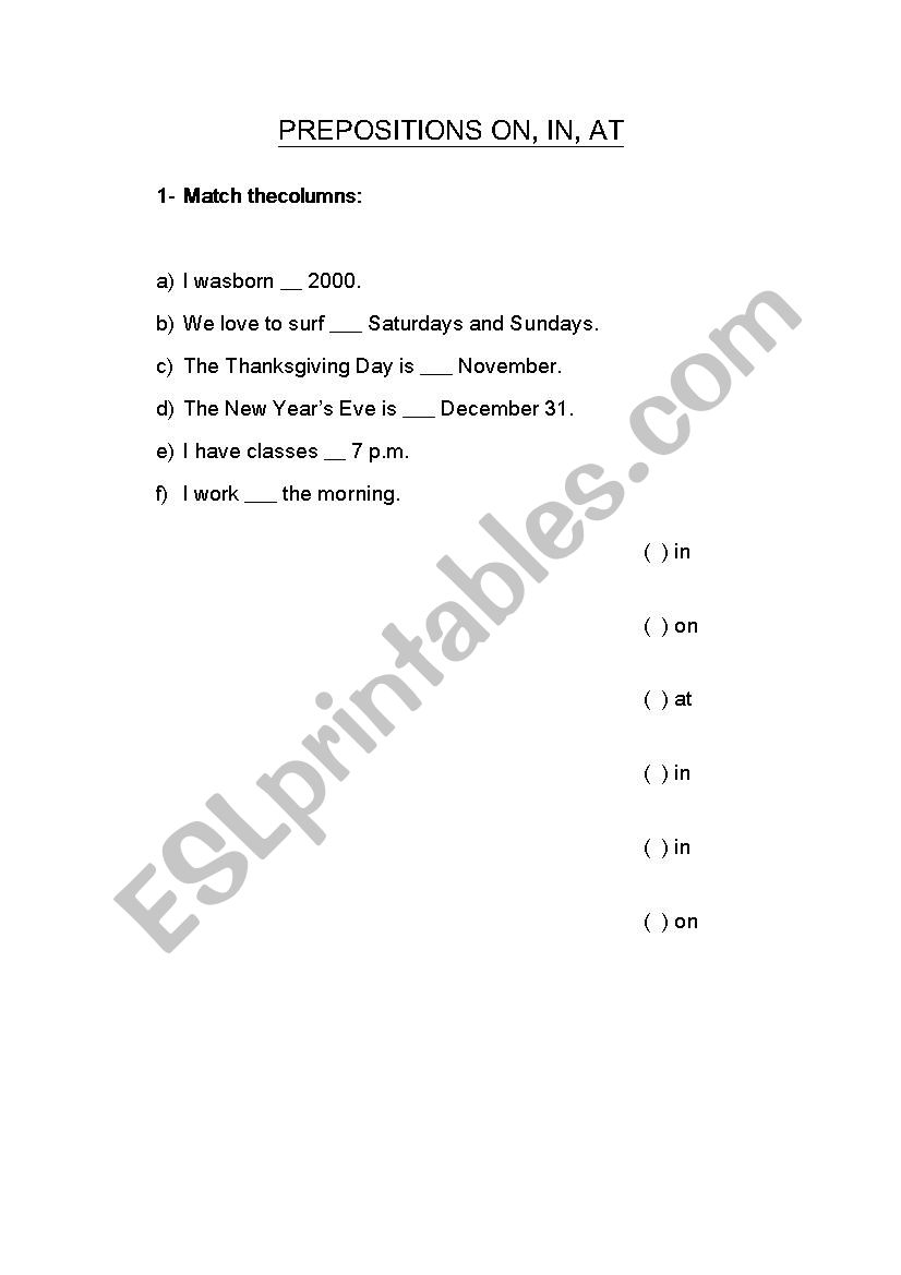 Prepositions in/at/on worksheet