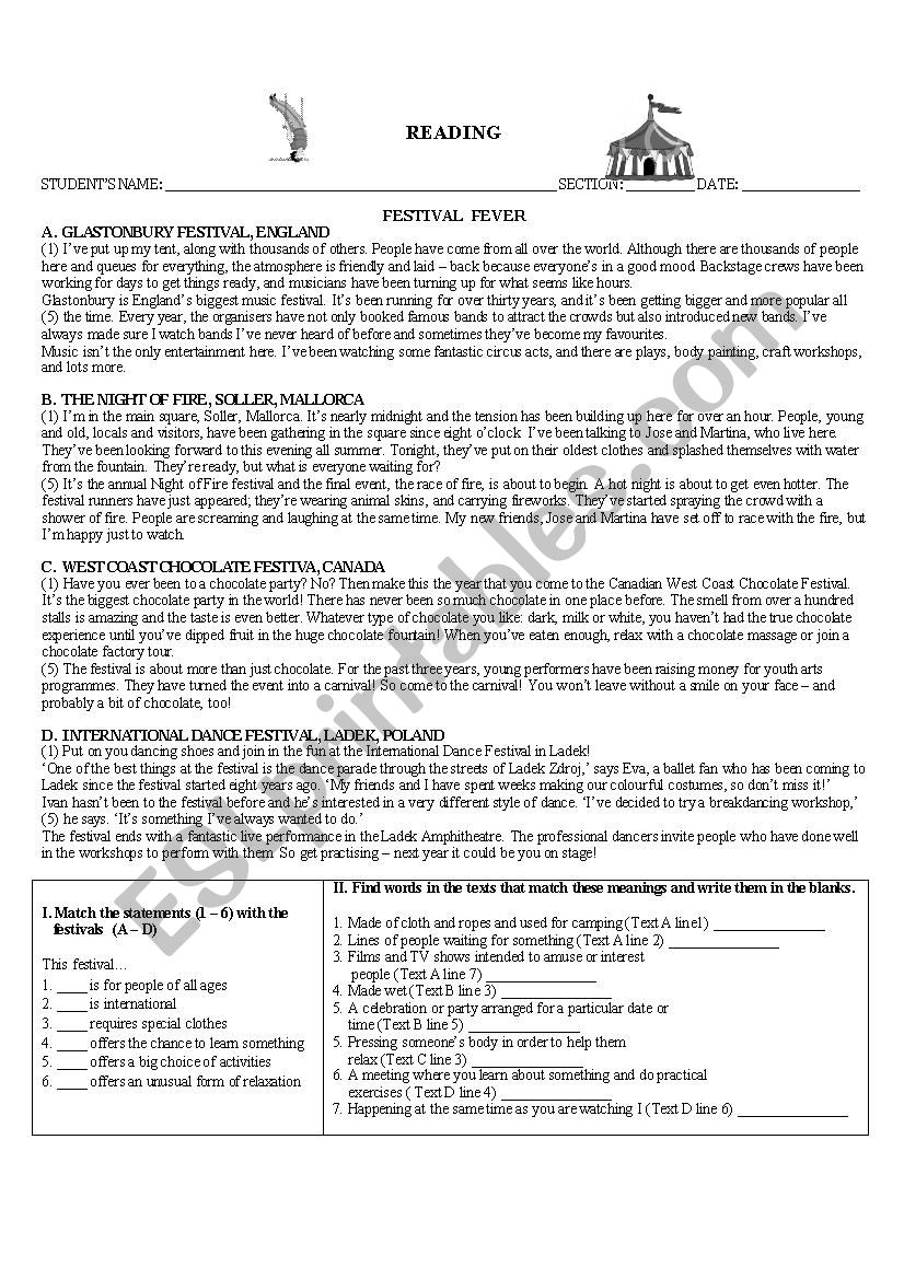 Reading - Festival Fever worksheet