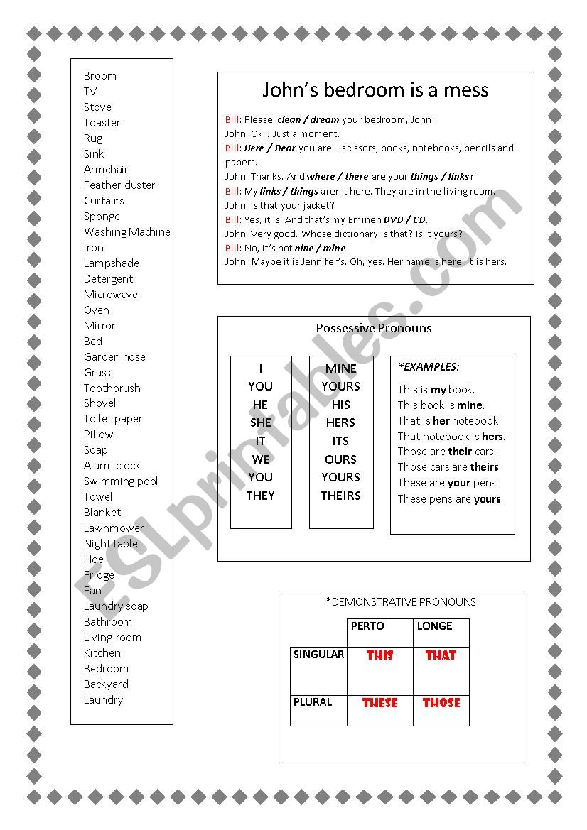 Home vocabulary, possessive pronouns and demonstrative pronouns