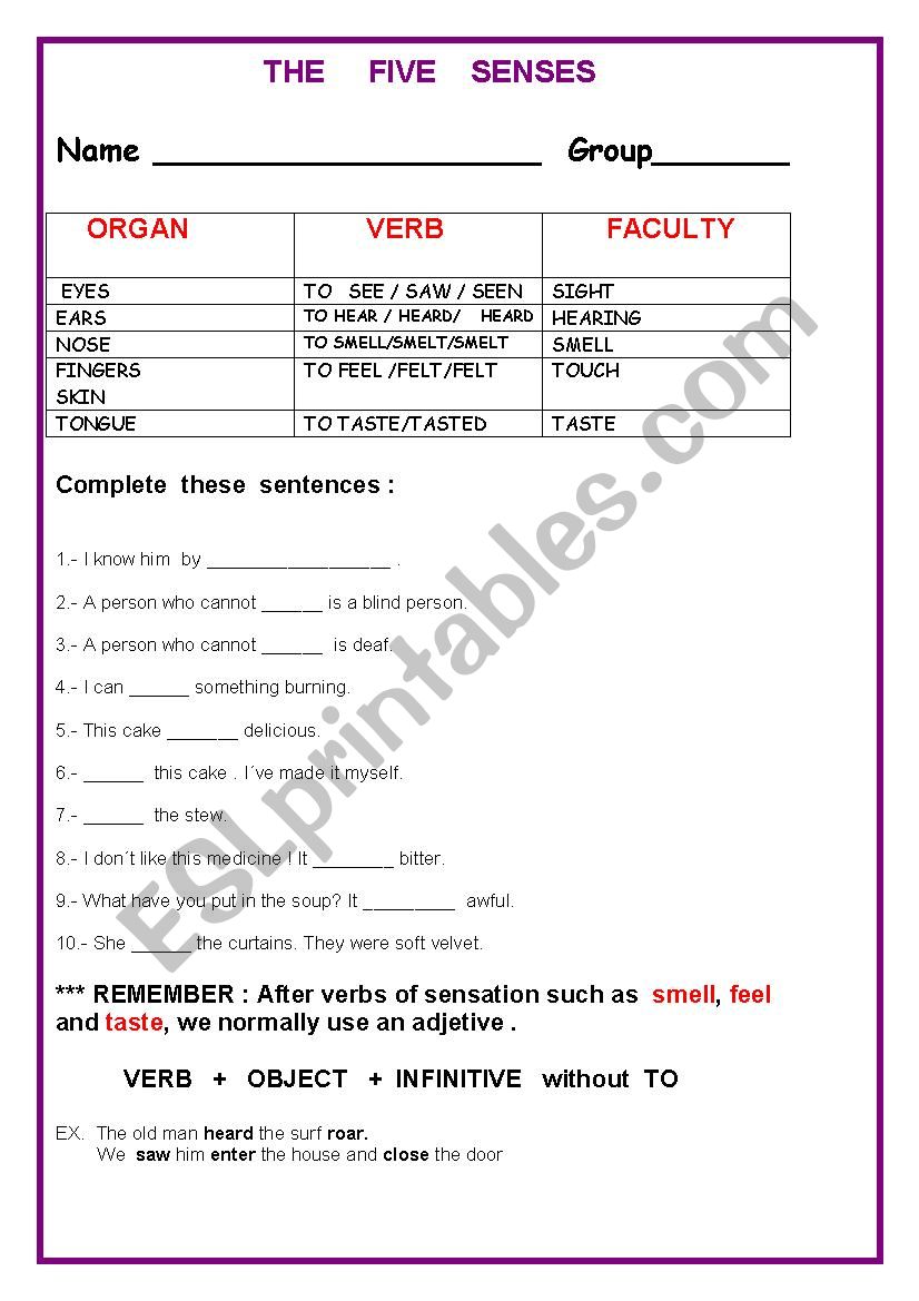 THE   FIVE   SENSES worksheet