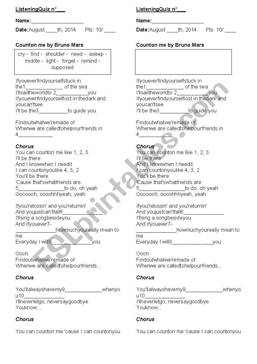 Count on me by Bruno Marz worksheet