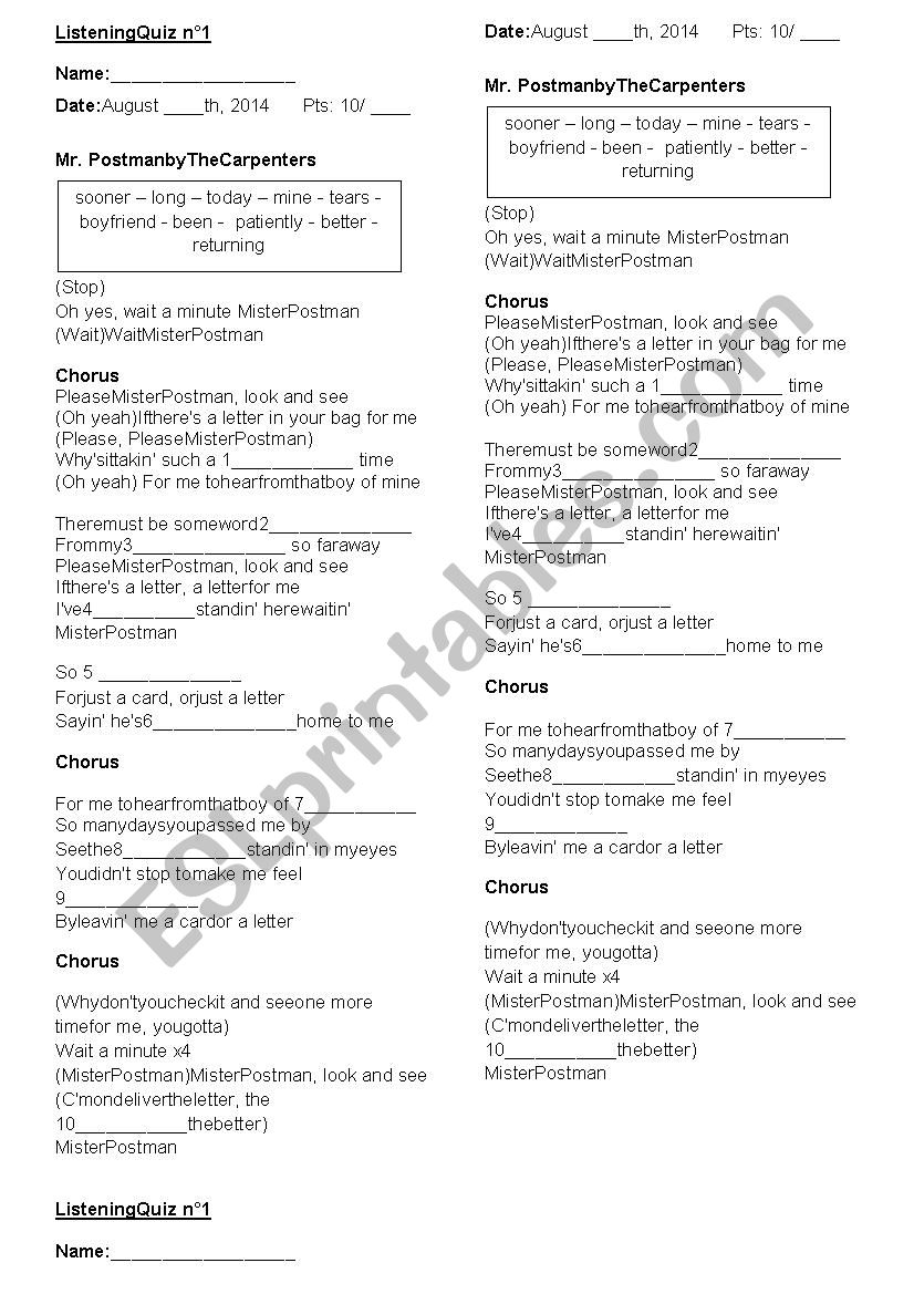 Mr Postman by The Carpenters worksheet