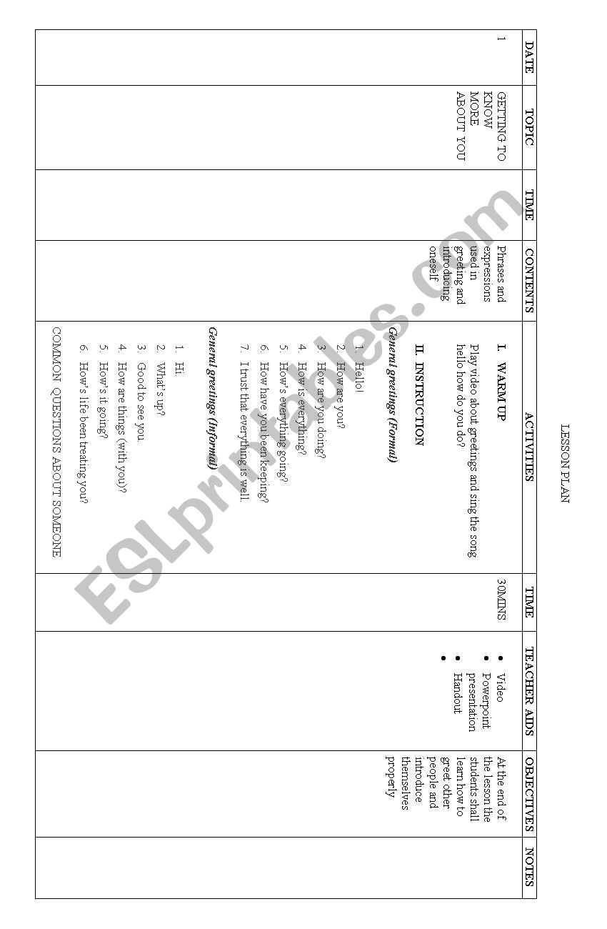 Lesson plan for grade 6-9 worksheet