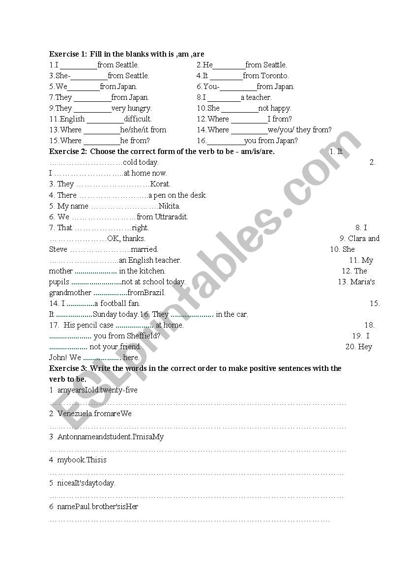 verb to be worksheet