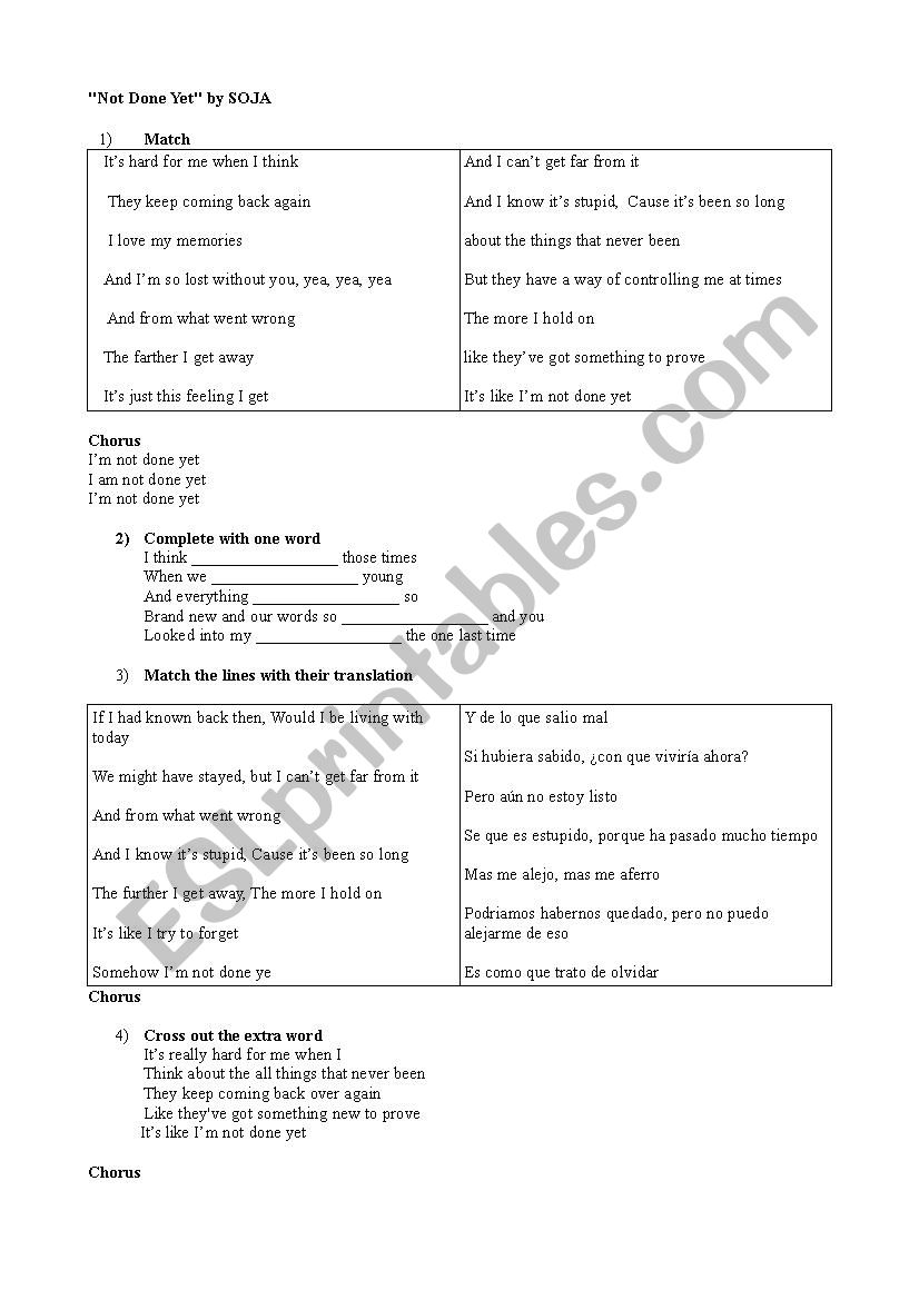 Not done Yet song by SOJA worksheet