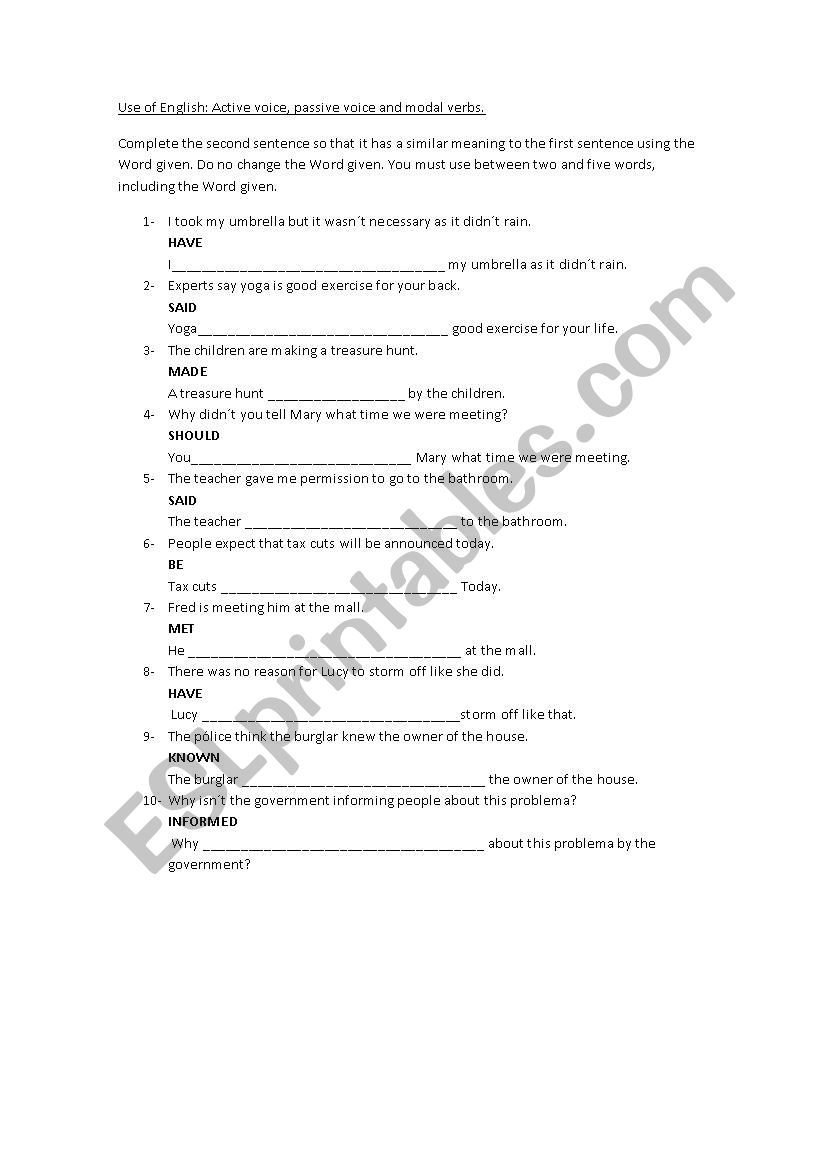 Use of english: Modal verbs/active-passive voice.