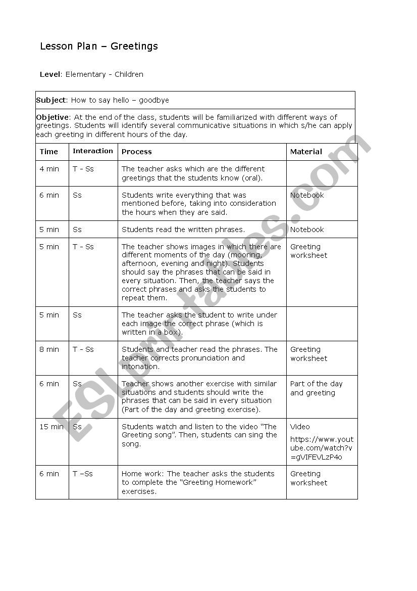 Lesson Plan - Greetings worksheet