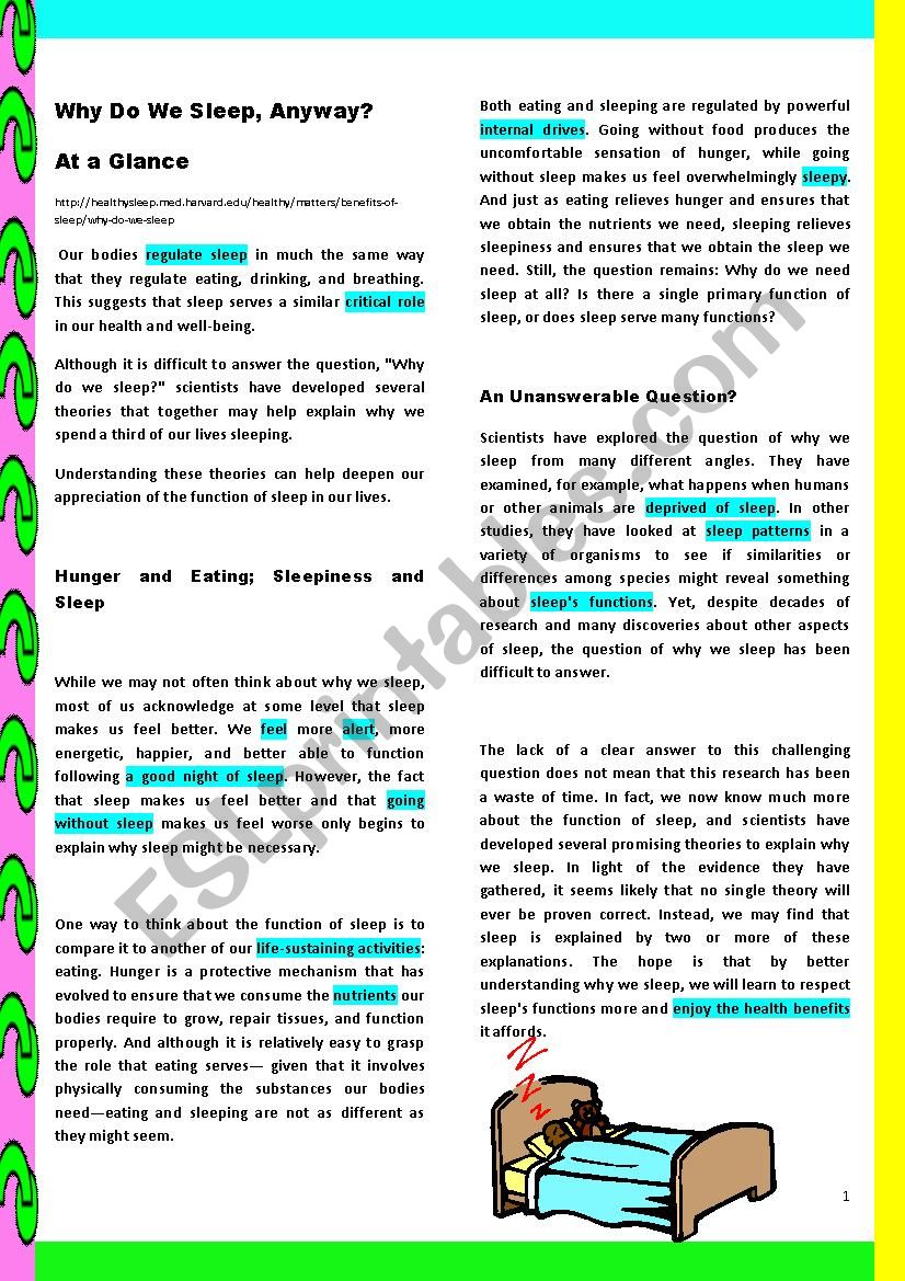 Why do we sleep? Reading + Speaking + Vocabulary