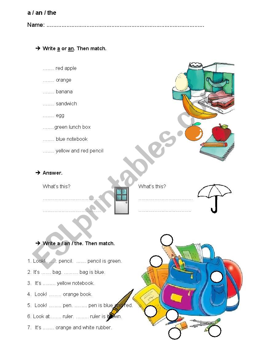 a/an/the - school objects/ fruit/ colours