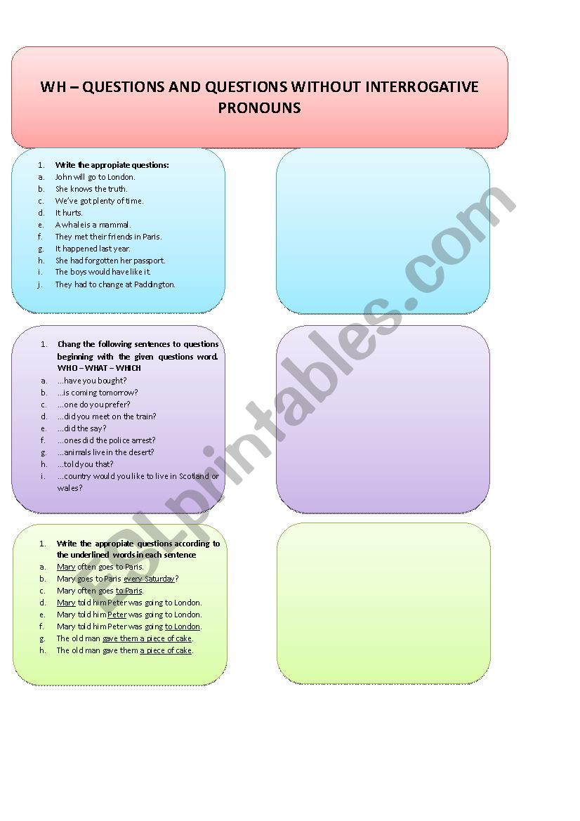 WH QUESTIONS AND QUESTIONS WITHOUT INTERROGATIVE PRONOUNS