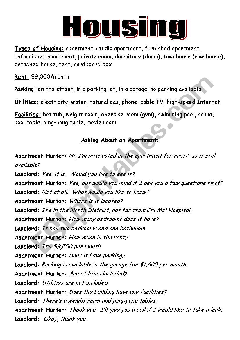 Housing and Apartment Hunting worksheet