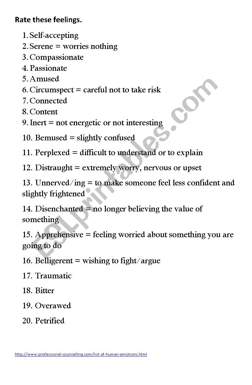 List of Feelings  worksheet