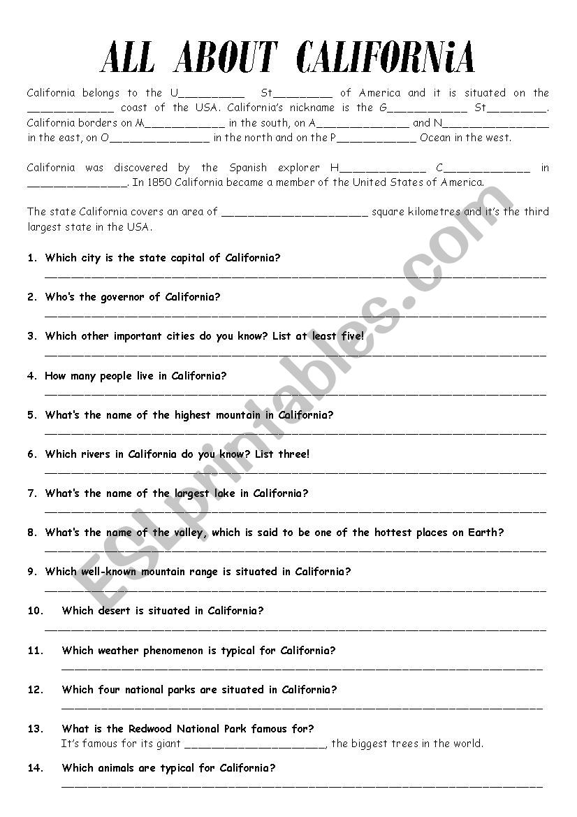 All about California worksheet