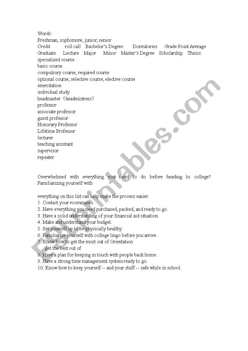 college life worksheet