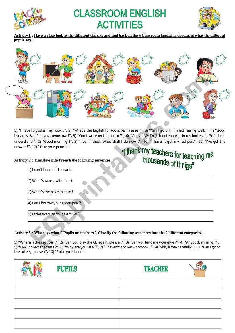 Classroom activities worksheet