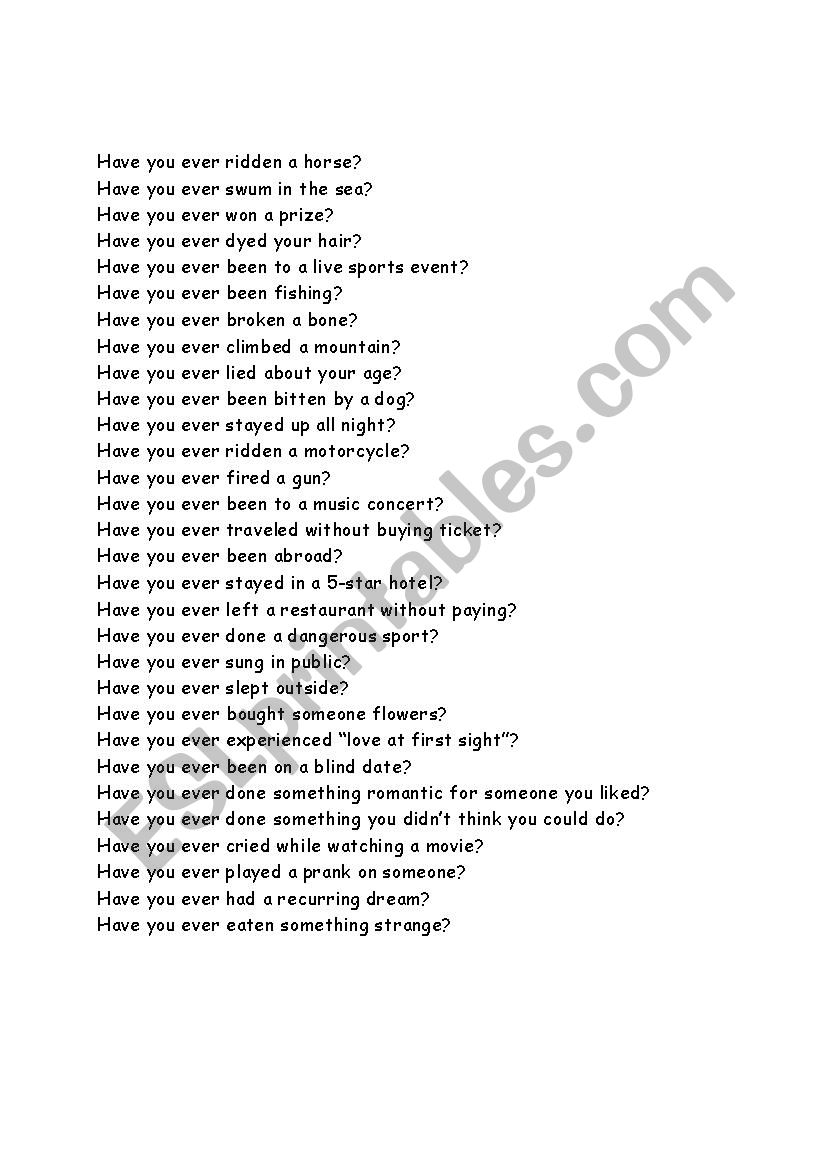 Have you ever...? questions worksheet
